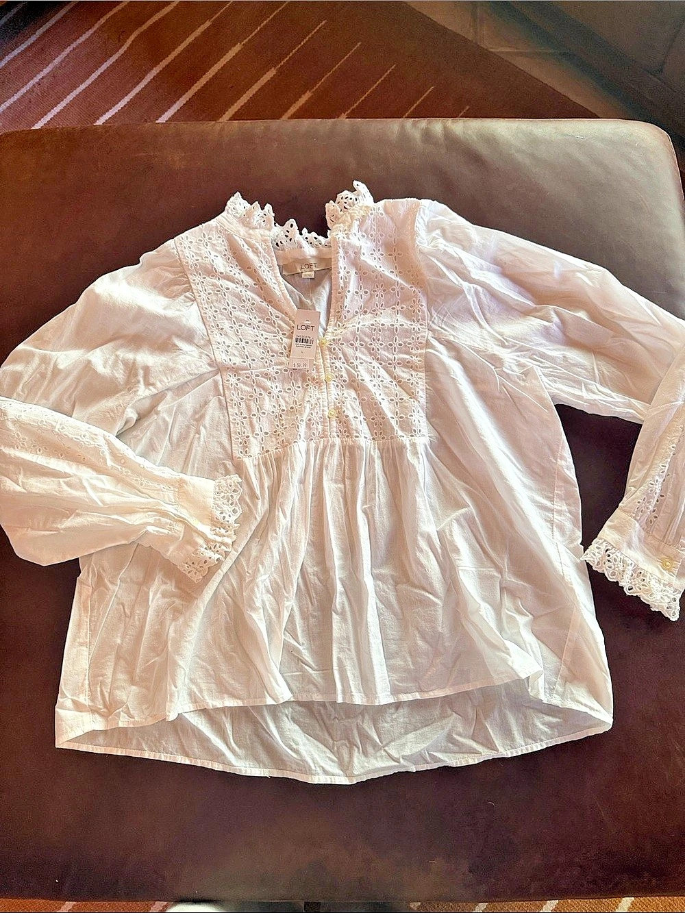 LOFT Eyelet Embroidered Blouse in White Size Large NWT
